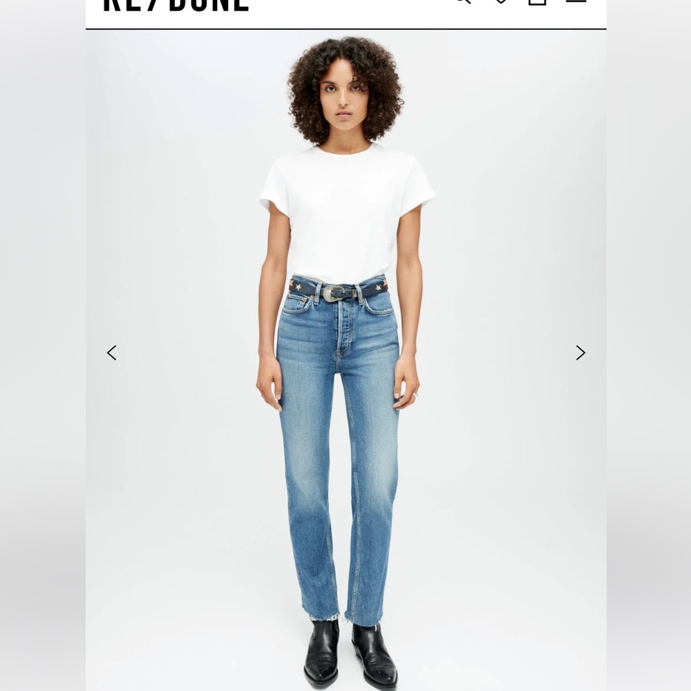 Redone comfort stretch high rise stove pipe jeans with raw hem in 70s wash